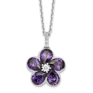 Cheryl M Sterling Silver Rhodium-plated Purple and White Brilliant-cut CZ Flower 16 Inch Necklace with 2 Inch Extender