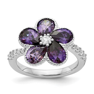 Cheryl M Sterling Silver Rhodium-plated Purple and White Brilliant-cut CZ Flower Ring - QC-A50F7608-1091