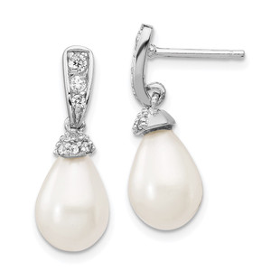 Cheryl M Sterling Silver Rhodium-plated Teardrop White Freshwater Cultured Pearl and Brilliant-cut CZ Post Dangle Earrings - QC-67484EDF-9217