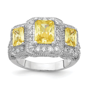 Cheryl M Sterling Silver Rhodium-plated Yellow Radiant-cut and White Brilliant-cut CZ 3 Stone Ring - QC-E18011D1-1762
