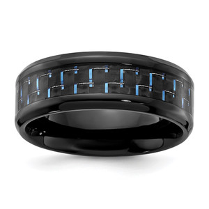 Chisel Black Titanium Polished with Black and Blue Carbon Fiber Inlay 8mm Band - TB-8304F9AB-2190