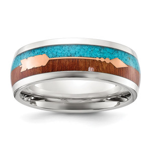 Chisel Stainless Steel Polished Arrow with Turquoise and Wood Inlay 8mm Band - SR-23902FFE-8310