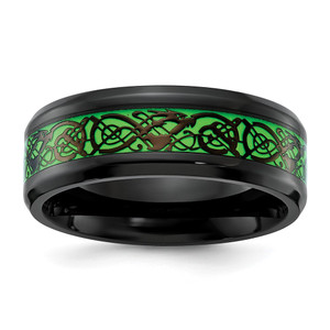 Chisel Stainless Steel Polished Black IP-plated Dragon Design with Green Glow in the Dark Enamel 8mm Band - SR-F404536B-9548