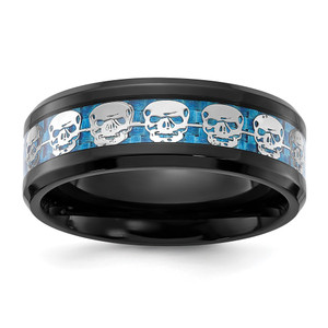 Chisel Stainless Steel Polished Black IP-plated Skulls with Blue Carbon Fiber Inlay 8mm Band - SR-2D9F0393-6686