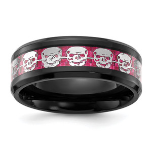 Chisel Stainless Steel Polished Black IP-plated Skulls with Pink Carbon Fiber Inlay 8mm Band - SR-FABACBF6-7715