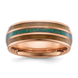 Chisel Stainless Steel Polished Rose IP-plated with Wood and Imitation Opal Inlay 8mm Band - SR-5C330F9E-8151