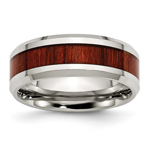 Chisel Stainless Steel Polished with Red Koa Wood Inlay Enameled 8mm Band - SR-AAA8DFD9-4505