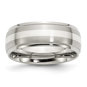 Chisel Stainless Steel Sterling Silver Inlay Brushed and Polished 8mm Ridged Edge Band - SR-CEA4289A-7614