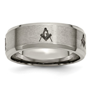Chisel Titanium Brushed and Polished Masonic Laser Design 8mm Beveled Edge Band - TB-314098DA-6896