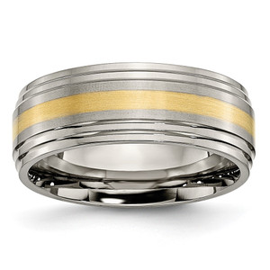 Chisel Titanium Brushed Center with 14k Gold Inlay 8mm Ridged Edge Band - TB-EBE4C08B-5995