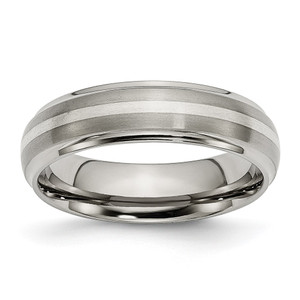 Chisel Titanium Brushed Center with Sterling Silver Inlay 6mm Ridged Edge Band - TB-B00B42A0-6192