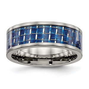 Chisel Titanium Polished with Blue Carbon Fiber Inlay 8mm Flat Band - TB-C238A5C3-3933