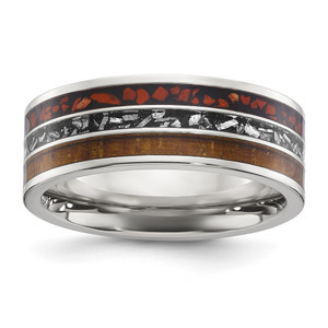 Chisel Titanium Polished with Wood, Imitation Meteorite and Red Stone Inlay 8mm Band - TB-A66C7F94-9292