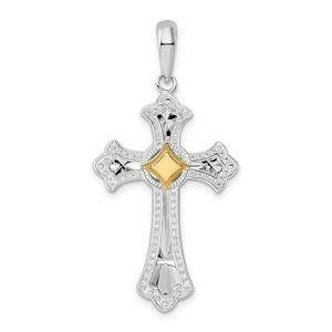 De-Ani Sterling Silver Rhodium-Plated Diamond-Cut Fleur de Lis Cross with 14k Accent Pendant