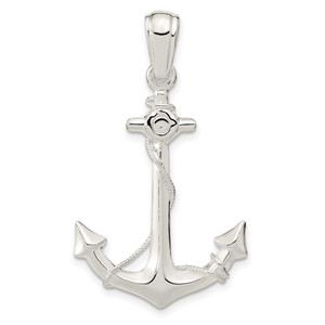 De-Ani Sterling Silver Rhodium-Plated Polished 3D Anchor with Rope Pendant - QC-D9C186D4-6078