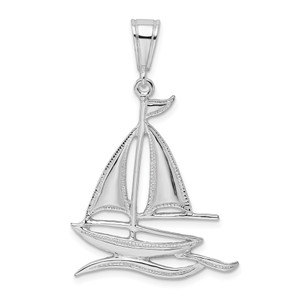 De-Ani Sterling Silver Rhodium-Plated Polished and Textured Sailboat on Water Pendant