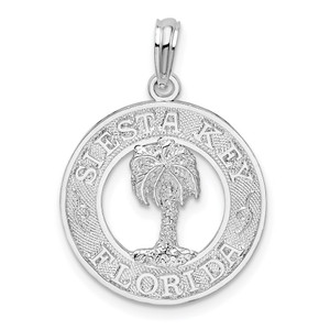 De-Ani Sterling Silver Rhodium-Plated Textured Siesta Key Florida with Palm Tree Pendant