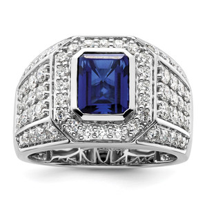 IBGoodman 10k White Gold 1 7/8 carat Lab Grown Diamond VS/SI+ G+ and Lab Created Blue Sapphire Men's Ring