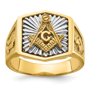 IBGoodman 14k Two-tone Men's Polished and Textured Sun Ray Blue Lodge Master Masonic Ring