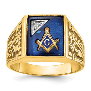 IBGoodman 14k Two-tone Men's Polished and Textured with Lab Created Sapphire and Diamond Blue Lodge Master Masonic Ring - B0-48C5E8D2-7710