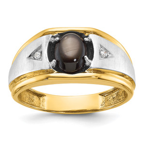 IBGoodman 14k Two-tone Men's Polished Satin and Grooved Black Star Sapphire and AA Quality Diamond Ring