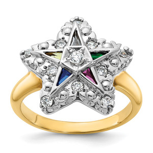 IBGoodman 14k Two-tone Women's Polished and Beaded with Multi-color CZ and Diamond Eastern Star Masonic Ring