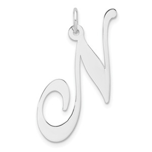 Large Sterling Silver Rhodium-plated Fancy Script Letter N Initial Charm