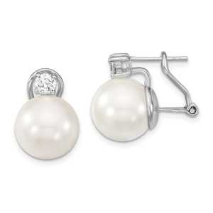 Majestik Sterling Silver Rhodium-plated 12-13mm White Shell Imitation Pearl and Clear CZ Omega Back Post Earrings