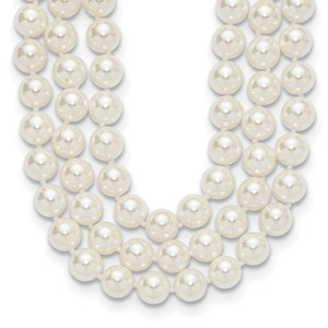Majestik Sterling Silver Rhodium-plated 3 Row 10-11mm White Imitation Shell Pearl Hand-knotted Necklace