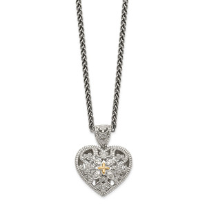 Shey Couture Sterling Silver Antiqued with 14K Accent 18 Inch Diamond Vintage Heart Necklace - QT-525A1F16-4482