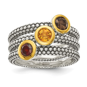 Shey Couture Sterling Silver Gold-tone Flash Gold-plated Antiqued Round Bezel .30Garnet/.20Citrine/.20Smoky Quartz 3 Stackable Rings - QT-96449AFD-4243