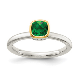 Shey Couture Sterling Silver Rhodium-plated with 14K Accent Polished Cushion-cut Created Emerald Ring - QT-3C1A008F-4676