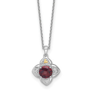 Shey Couture Sterling Silver Rhodium-plated with 14k Accent Round Garnet Flower 18 inch with 2 inch Extension Necklace