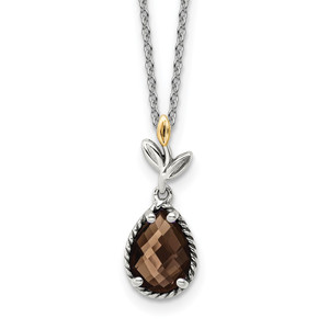 Shey Couture Sterling Silver with 14K Accent 18 Inch Leaves with Pear Shaped Checkerboard Smoky Quartz Necklace with 2 Inch Extender