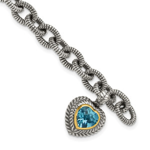 Shey Couture Sterling Silver with 14K Accent 7.5 Inch Antiqued Swiss Blue Topaz Heart Bezel Bracelet