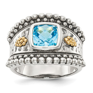 Shey Couture Sterling Silver with 14K Accent Antiqued Checkerboard Bezel Blue Topaz Ring - QT-6B7DCA35-3186