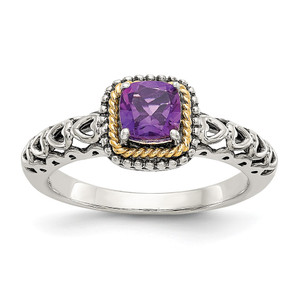 Shey Couture Sterling Silver with 14K Accent Antiqued Cushion Amethyst Ring - QT-C04399BE-5117