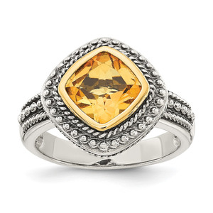 Shey Couture Sterling Silver with 14K Accent Antiqued Cushion Bezel Citrine Ring - QT-CE97B17D-8590