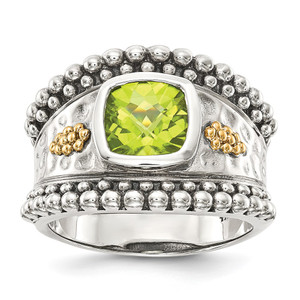 Shey Couture Sterling Silver with 14K Accent Antiqued Cushion Bezel Peridot Ring - QT-27801384-4821