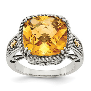 Shey Couture Sterling Silver with 14K Accent Antiqued Cushion Citrine Ring - QT-9785179F-4782