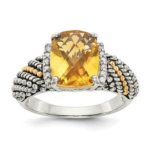 Shey Couture Sterling Silver with 14K Accent Antiqued Diamond and Checkerboard Cushion Citrine Ring - QT-1FD0D9B8-8241