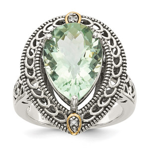 Shey Couture Sterling Silver with 14K Accent Antiqued Diamond and Pear Shaped Green Quartz Ring - QT-03B93E35-6253