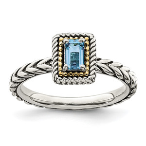 Shey Couture Sterling Silver with 14K Accent Antiqued Emerald-cut Light Swiss Blue Topaz Ring - QT-AEEF1352-6456