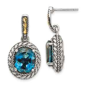 Shey Couture Sterling Silver with 14K Accent Antiqued Oval London Blue Topaz Post Dangle Earrings - QT-DE0AF532-7016