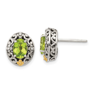 Shey Couture Sterling Silver with 14K Accent Antiqued Oval Peridot Post Earrings