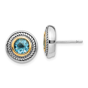 Shey Couture Sterling Silver with 14K Accent Antiqued Round Blue Topaz Post Earrings