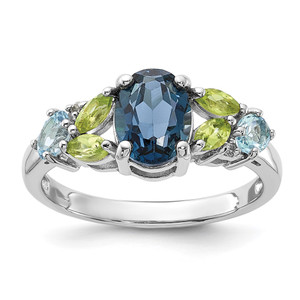 SS Rhodium London Lt.Swiss Blue/White Topaz and Peridot Ring - QR-433BE373-8727