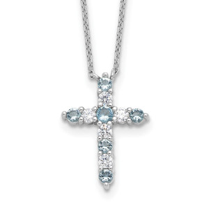 SS RH-plated Lt Blue CZ March Birthstone Cross w/2in ext Necklace