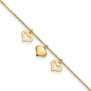 14k 3 Heart Dangles 9 inch Anklet Plus 1 inch Extender