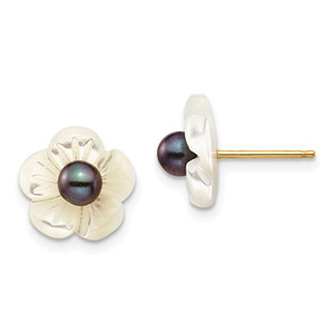 14k 3-4mm Black Round Freshwater Cultured Pearl and 10 mm White Mother of Pearl Flower Post Earrings